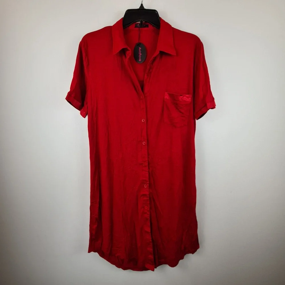 Avidlove Red Button Down Sleep Shirt Nightgown Short Sleeve Satin Trim XL NEW